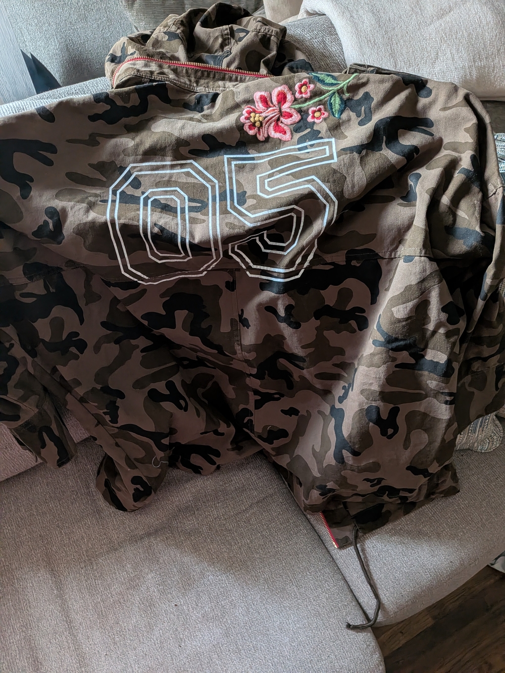 Ladies Size Large Camouflage Denim Jacket With Floral Details